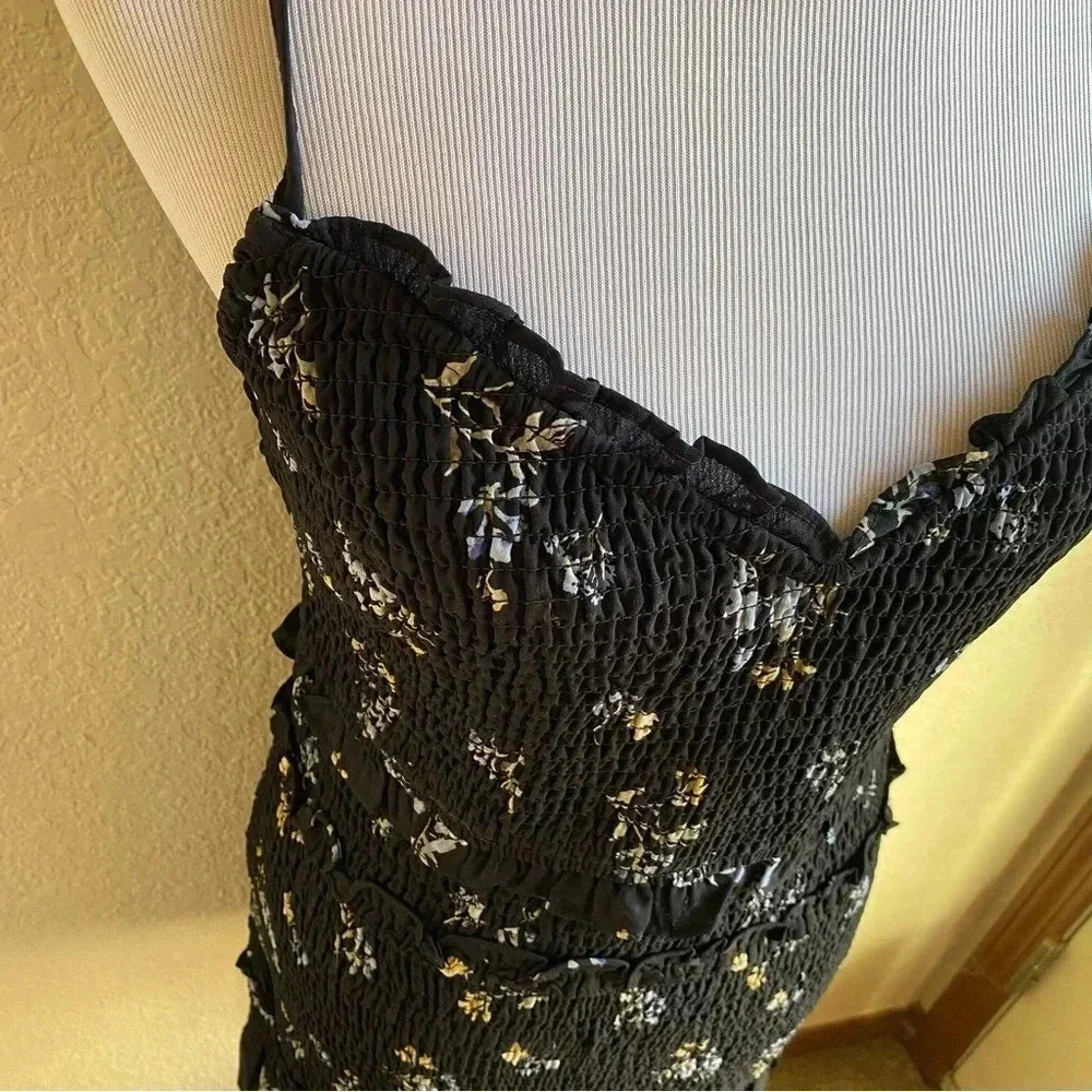 Abercrombie & Fitch Black Floral Mini Dress Smocked Bodice Tiered Ruffle: Large - Picture 2 of 10